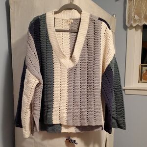 POL Women's V-Neck Sweater - Cream, Gray, Green